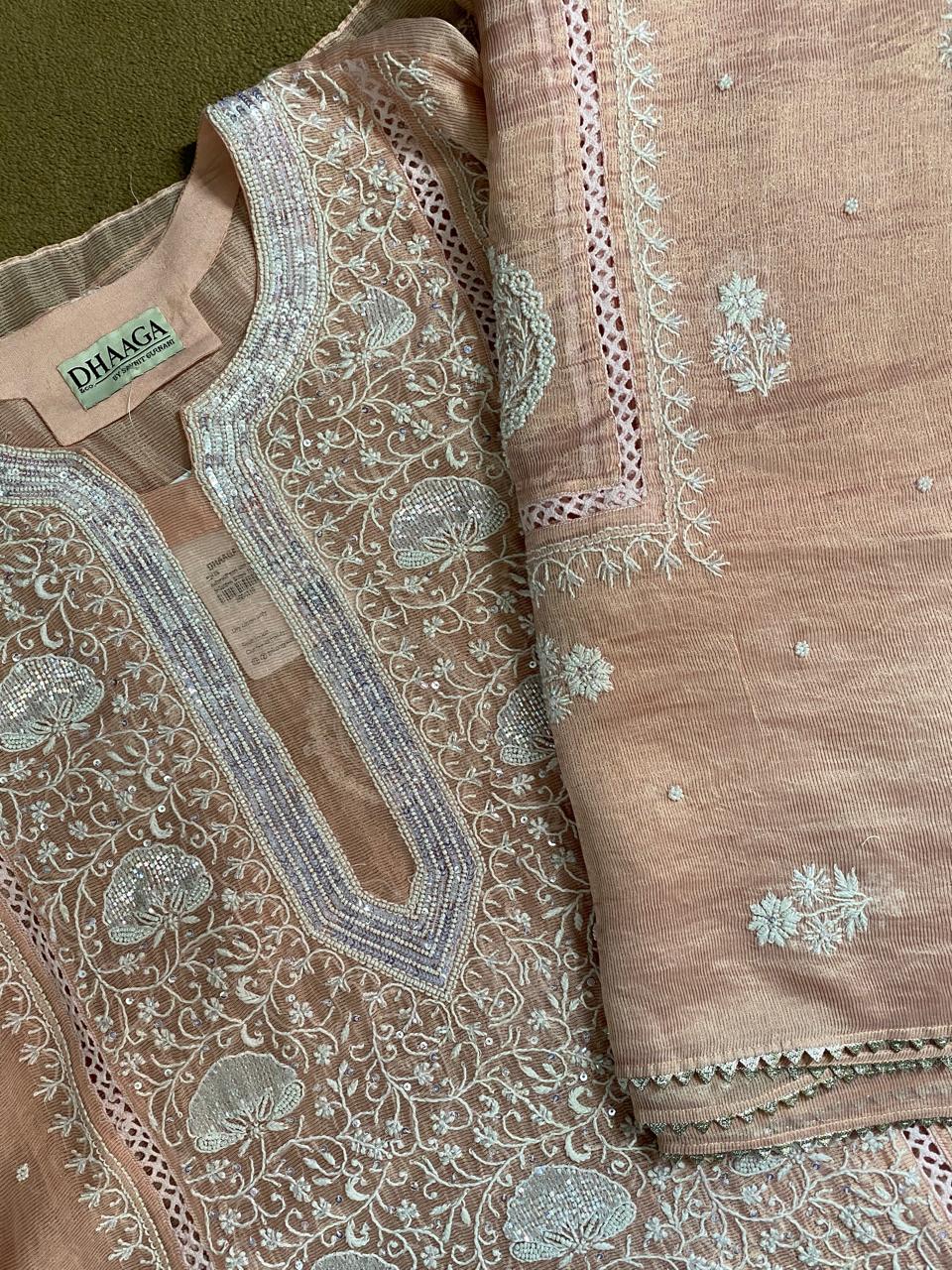 Peach and Golden Stripe Chikankari Kurta Set