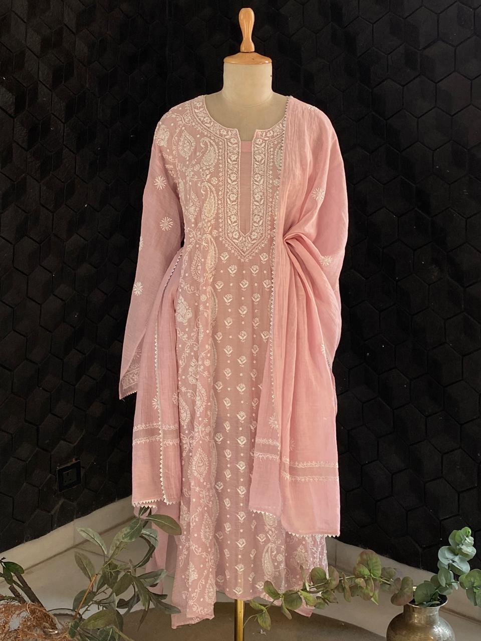 Pink Silver Tissue Chikankari Kurta Set