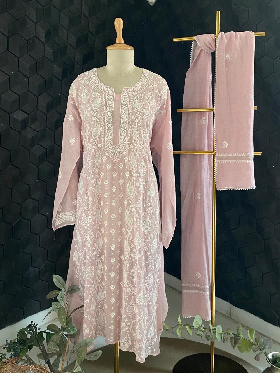 Pink Silver Tissue Chikankari Kurta Set