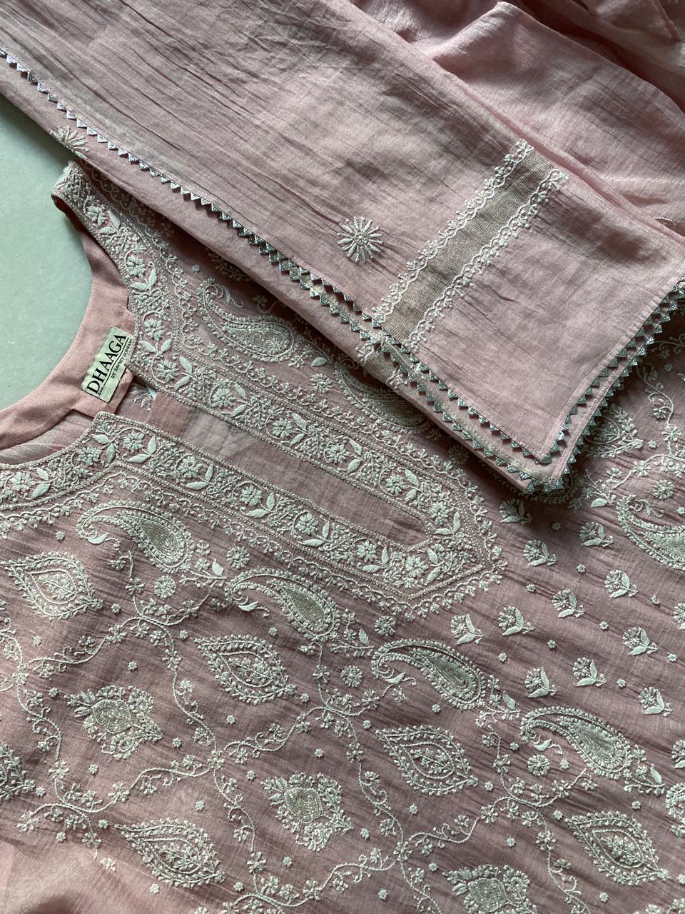 Pink Silver Tissue Chikankari Kurta Set