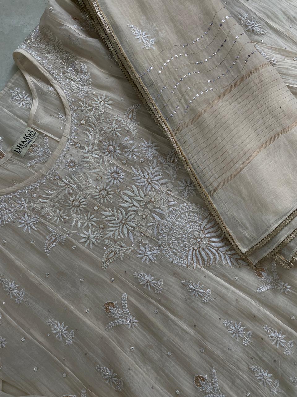 Beige Mul Chanderi Chikankari Kurta Set