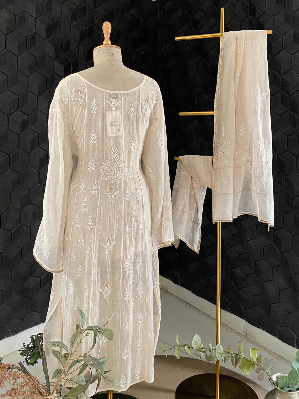 Beige Mul Chanderi Chikankari Kurta Set