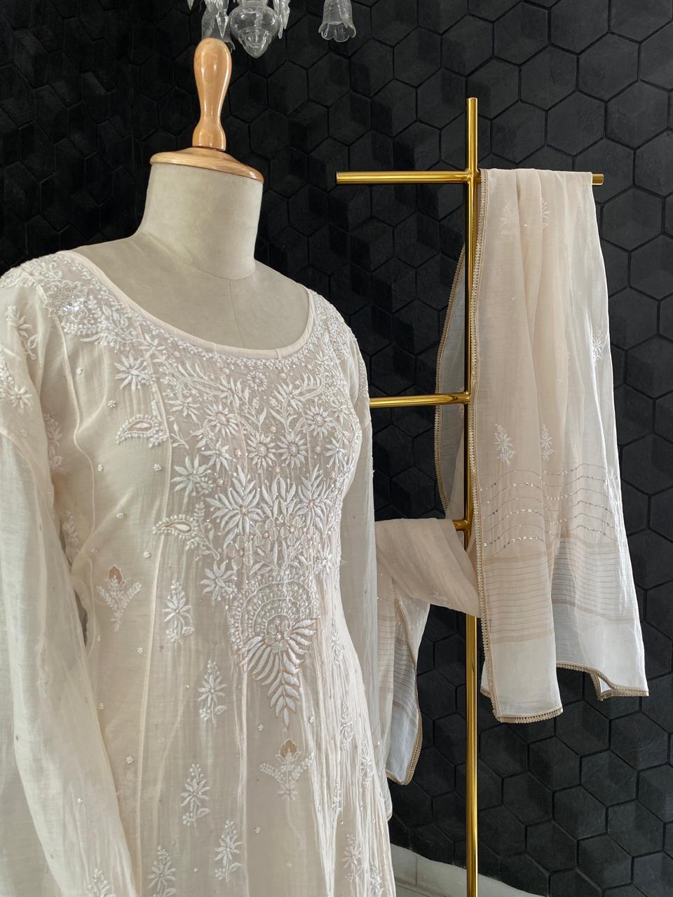 Beige Mul Chanderi Chikankari Kurta Set