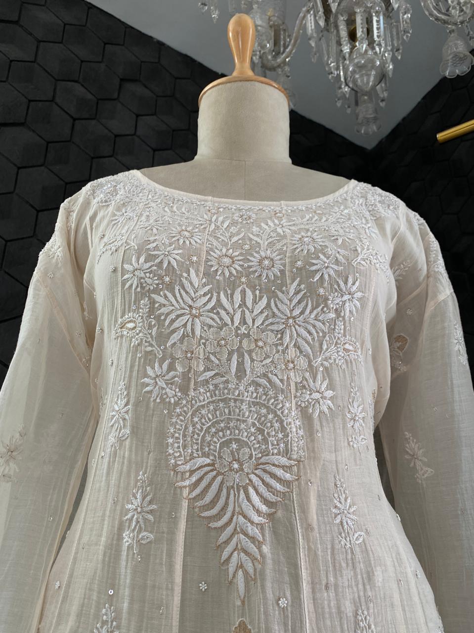 Beige Mul Chanderi Chikankari Kurta Set