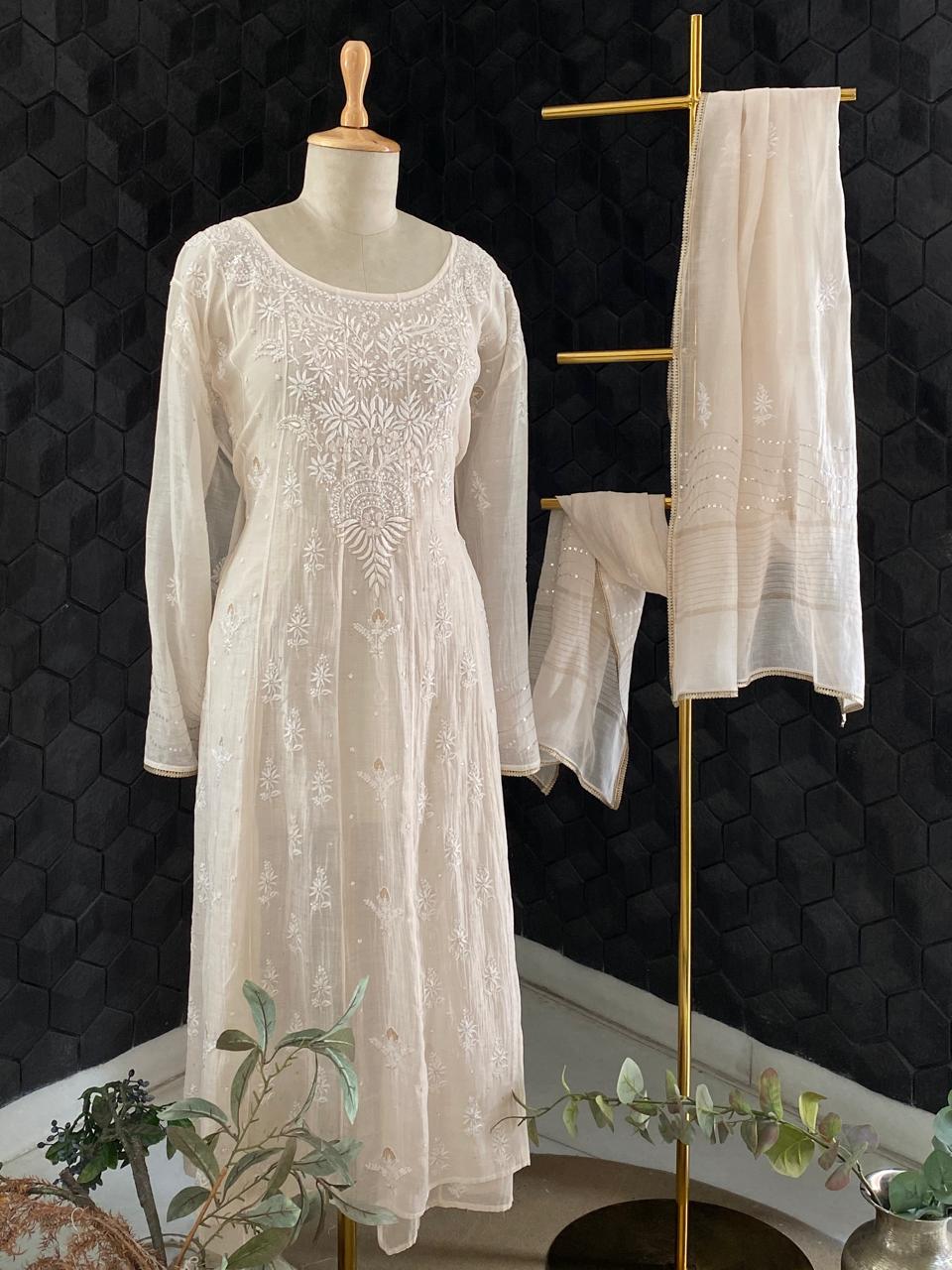 Beige Mul Chanderi Chikankari Kurta Set