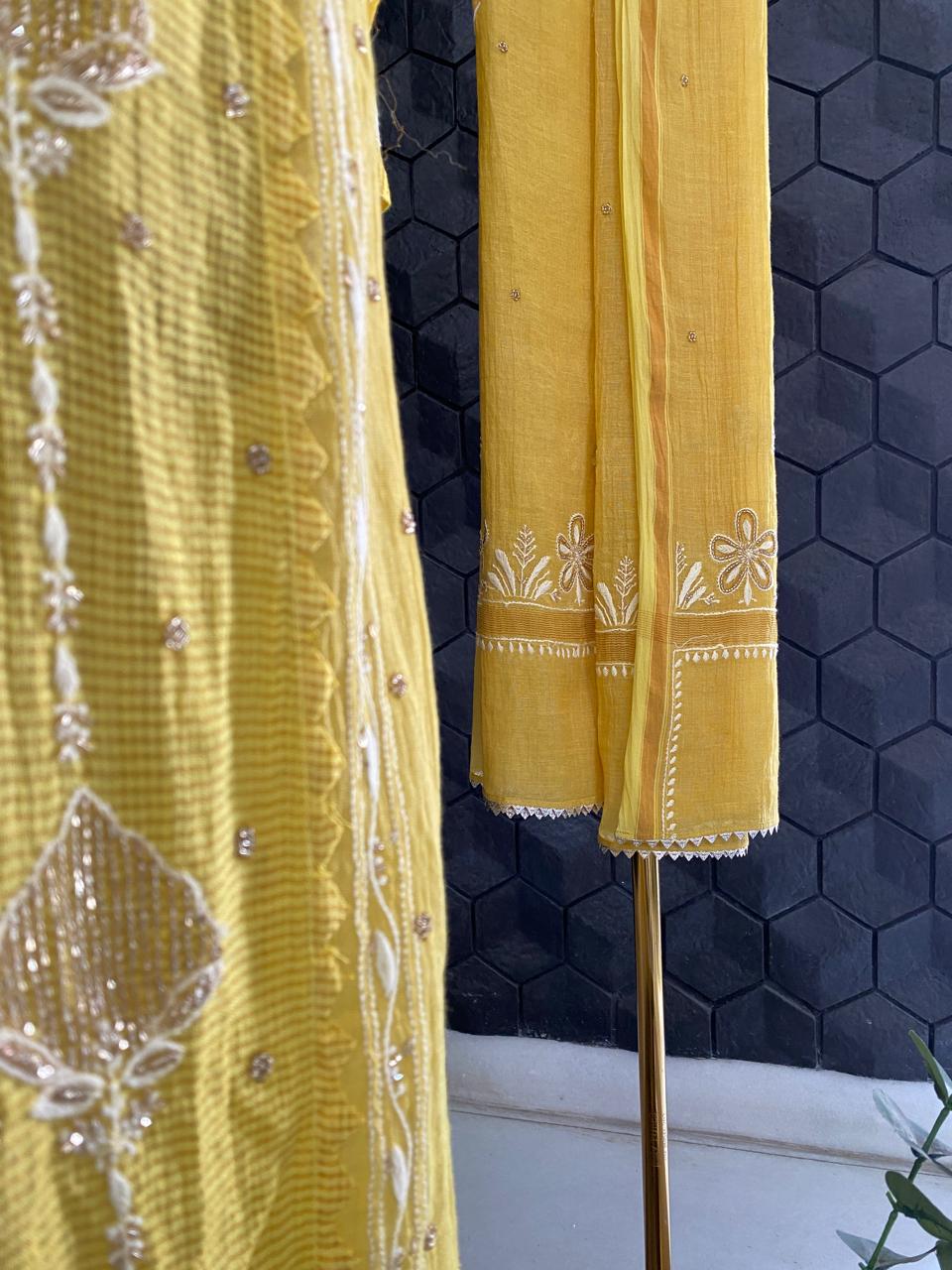 Yellow Tissue Chikankari Kurta Set