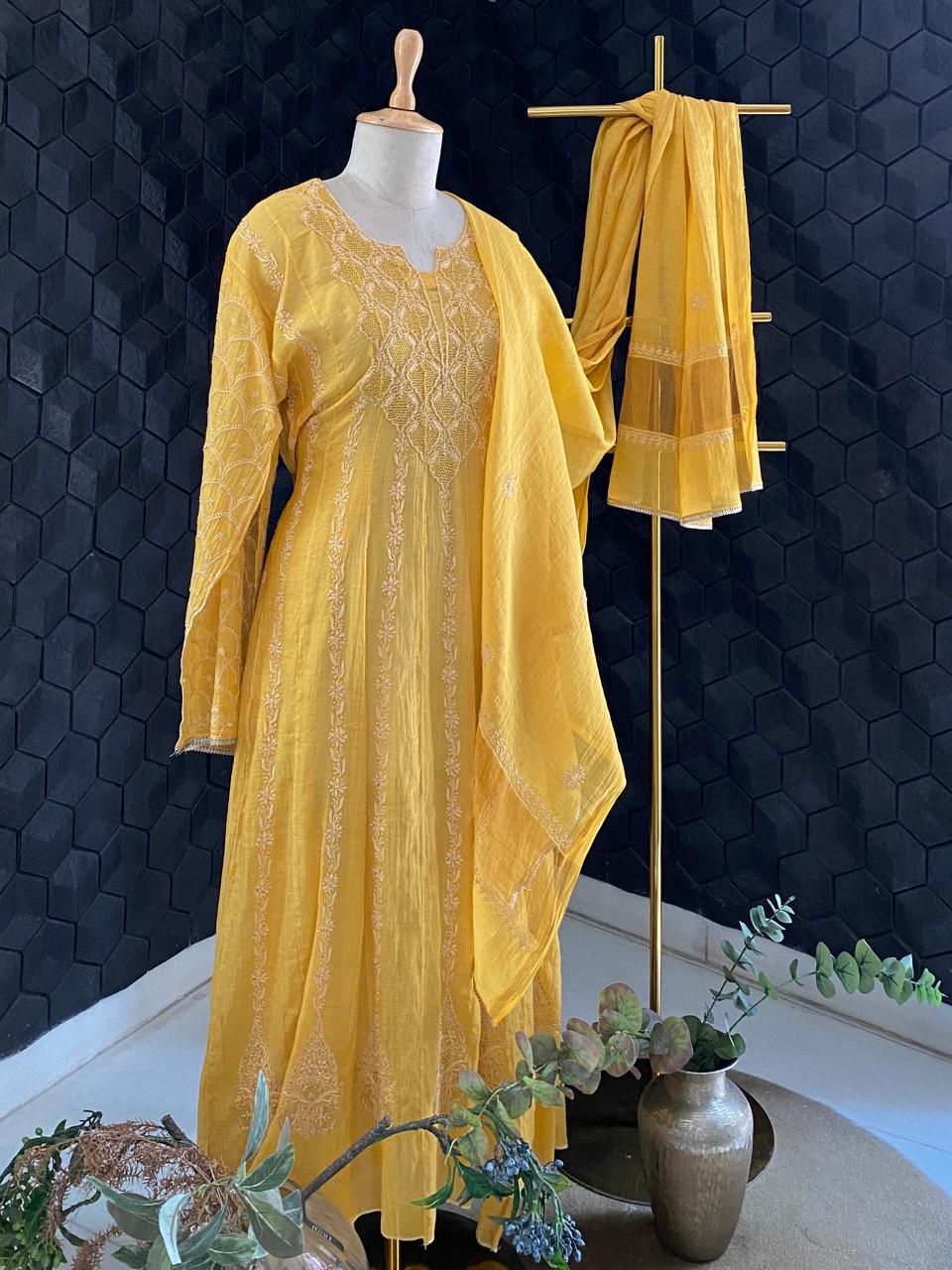 Yellow Tissue Chikankari Anarkali Set