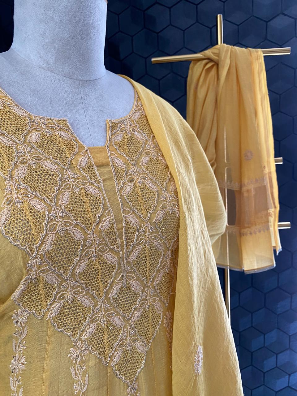 Yellow Tissue Chikankari Anarkali Set