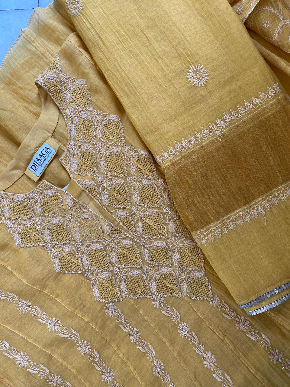Yellow Tissue Chikankari Anarkali Set