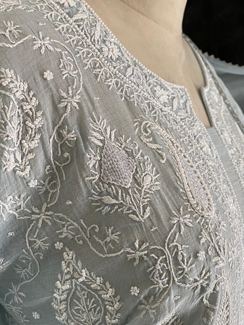 Powder Blue Tissue Chikankari Kurta Set