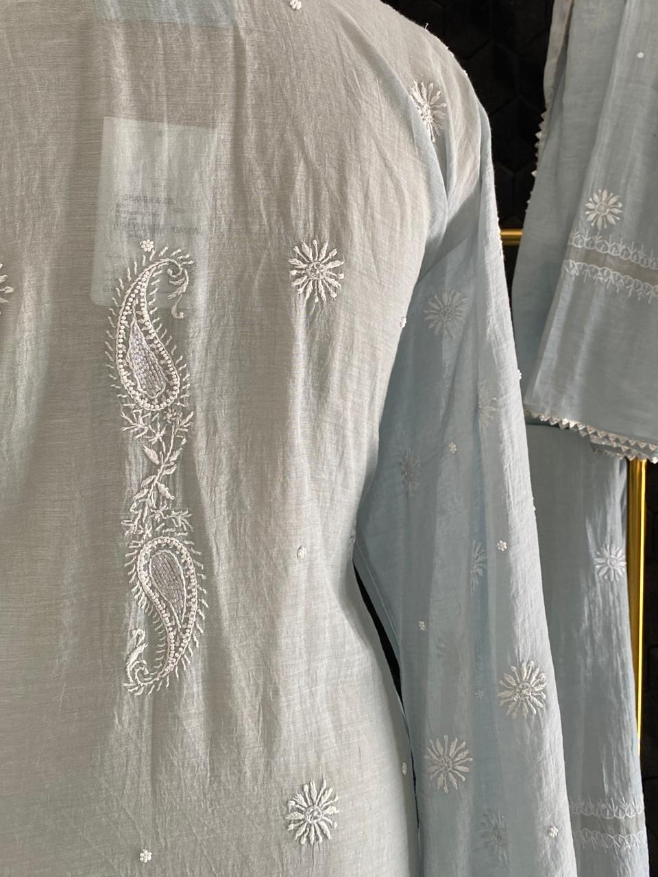 Powder Blue Tissue Chikankari Kurta Set