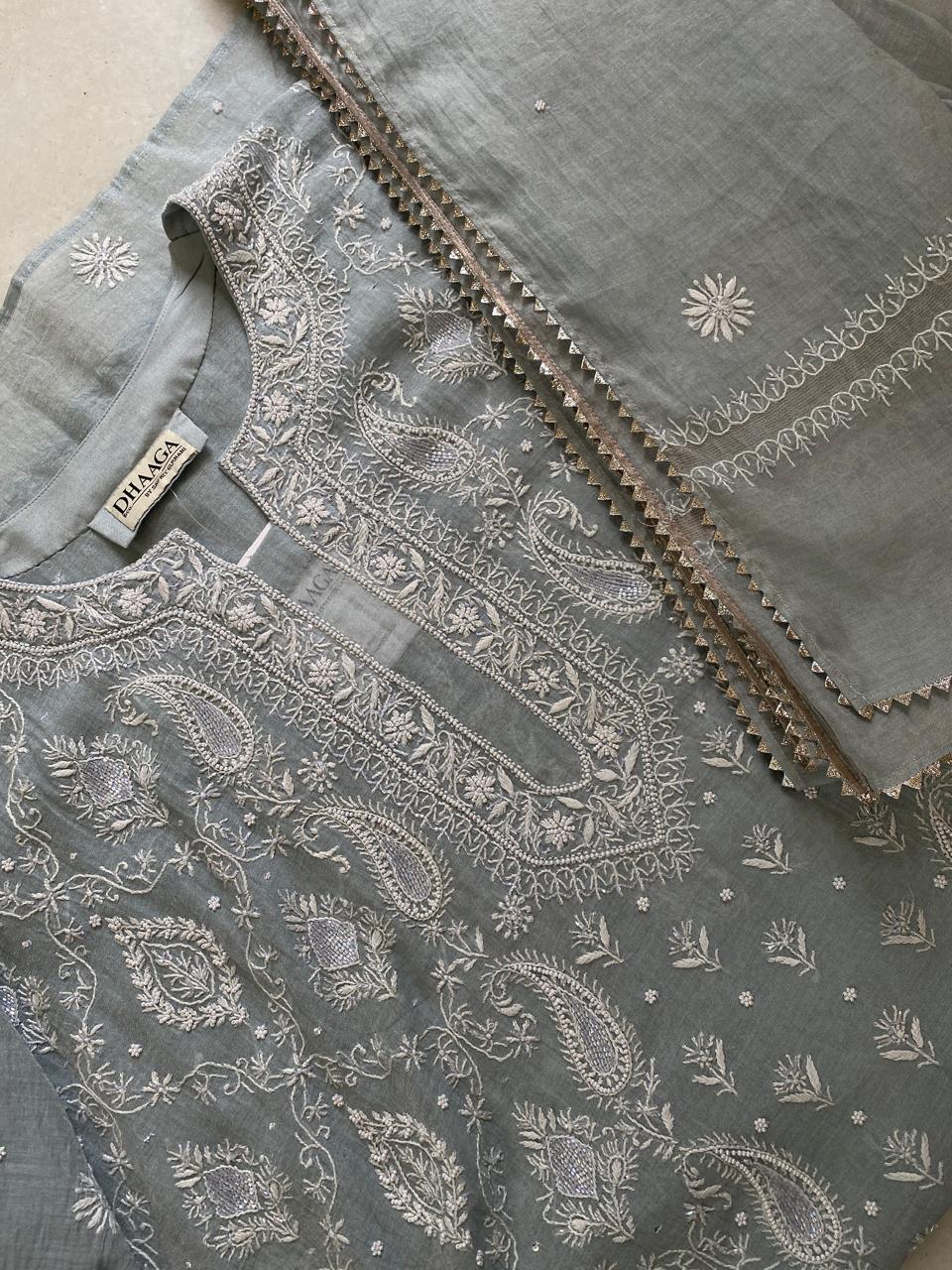 Powder Blue Tissue Chikankari Kurta Set