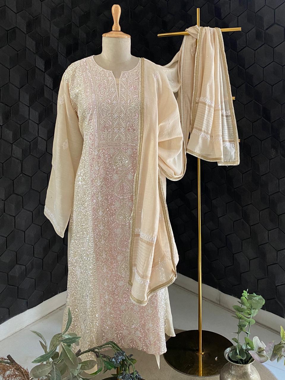 Beige Munga Silk Chikankari Kurta Set
