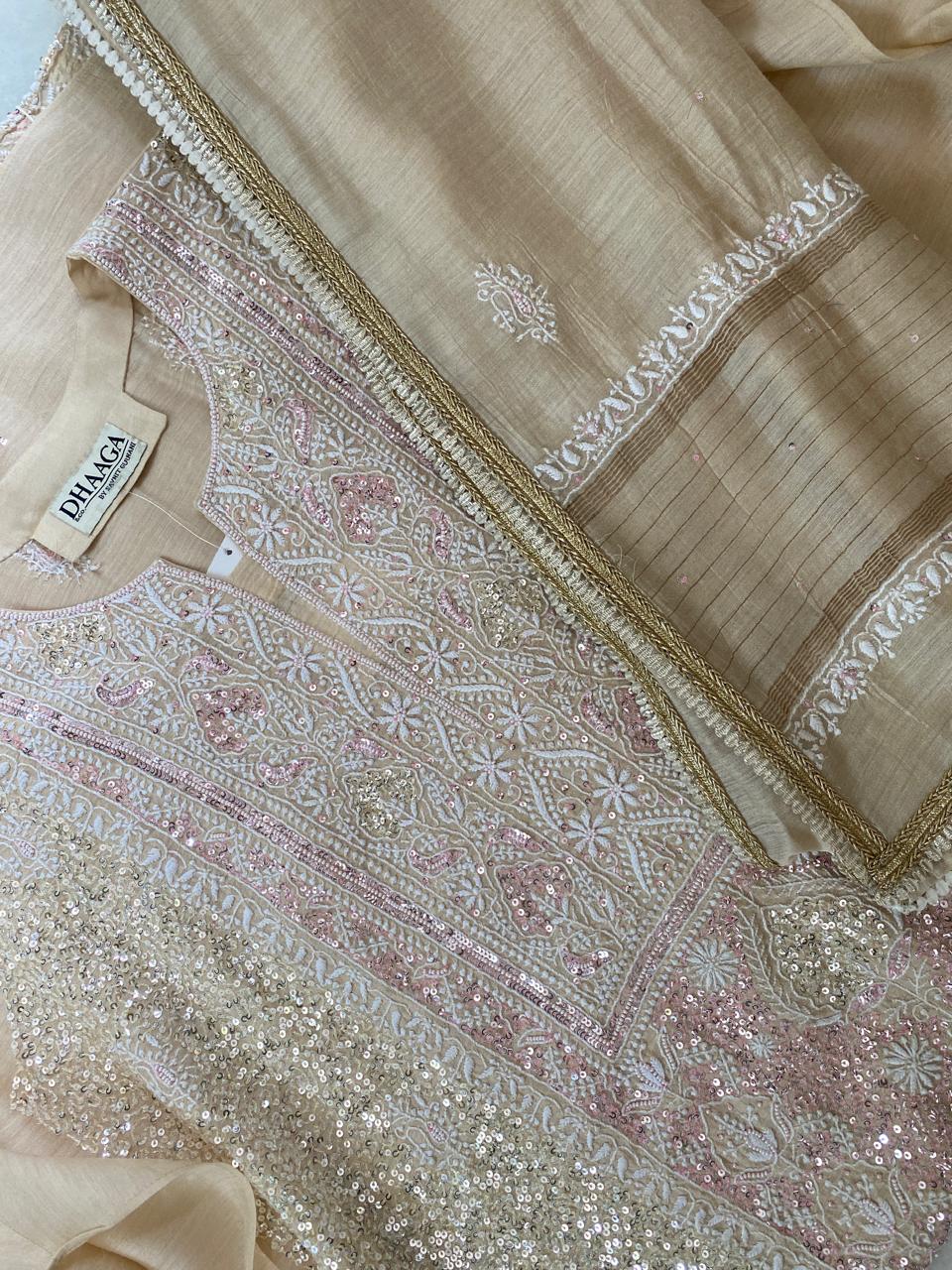 Beige Munga Silk Chikankari Kurta Set