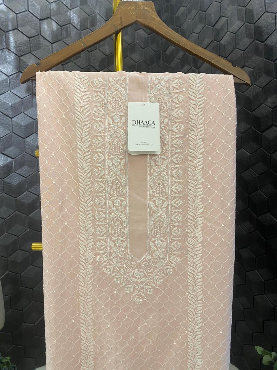 Pink Mul Chanderi Chikankari Mens Kurta
