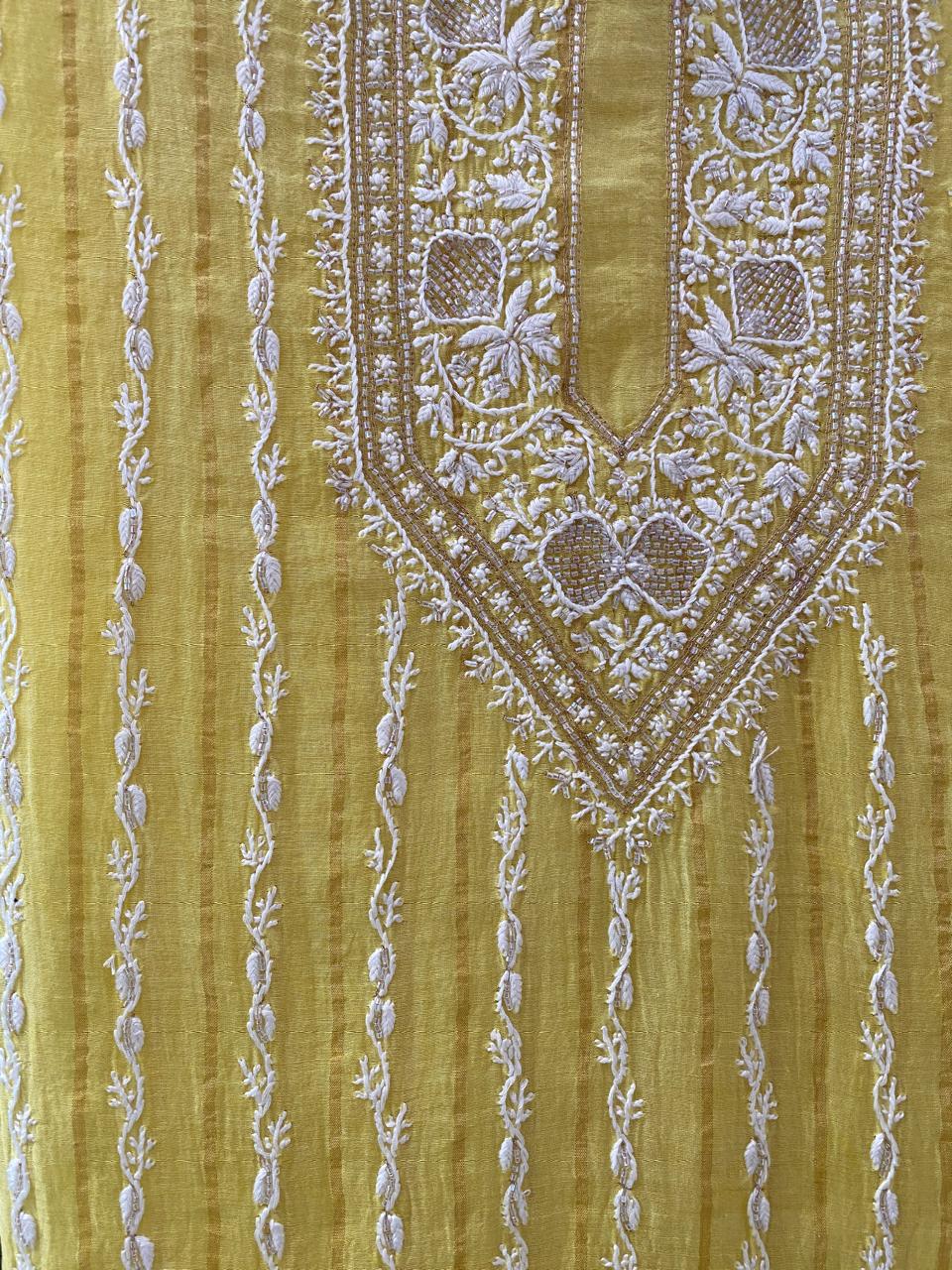 Yellow Mul Chanderi Chikankari Mens kurta