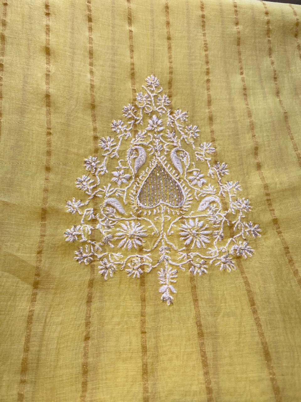 Yellow Mul Chanderi Chikankari Mens kurta