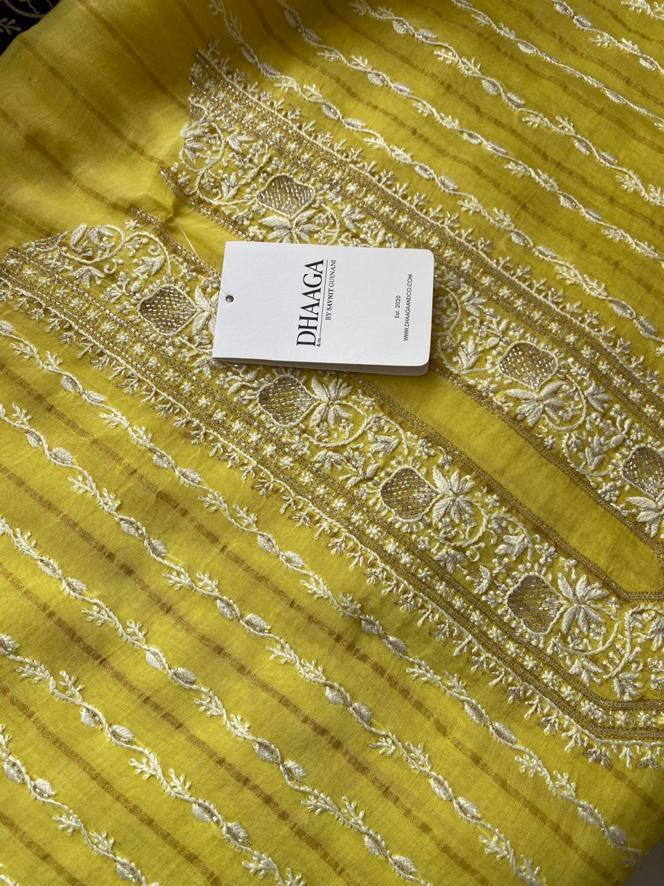 Yellow Mul Chanderi Chikankari Mens kurta