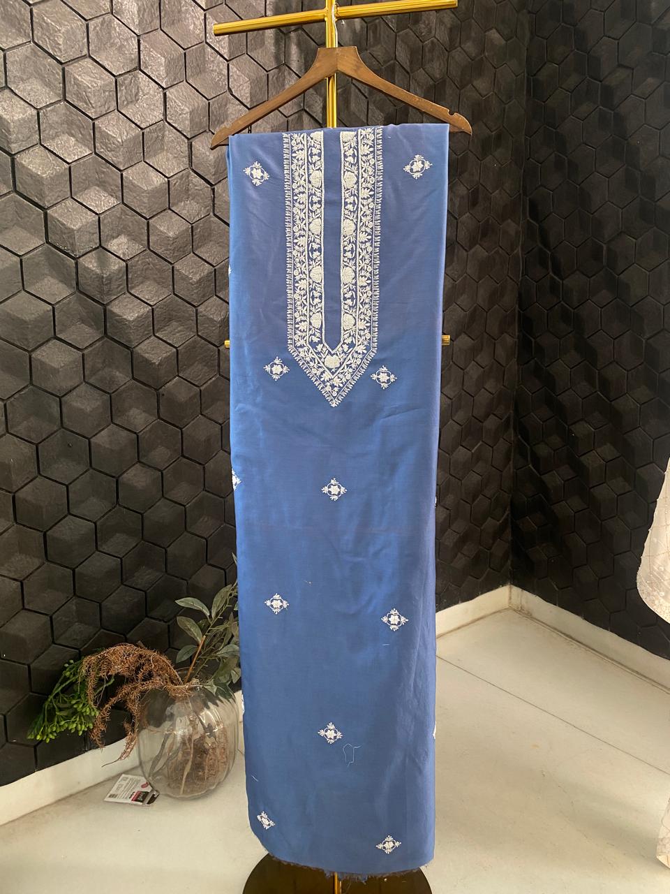 Cobalt Blue Mul Chanderi Chikankari Mens Kurta