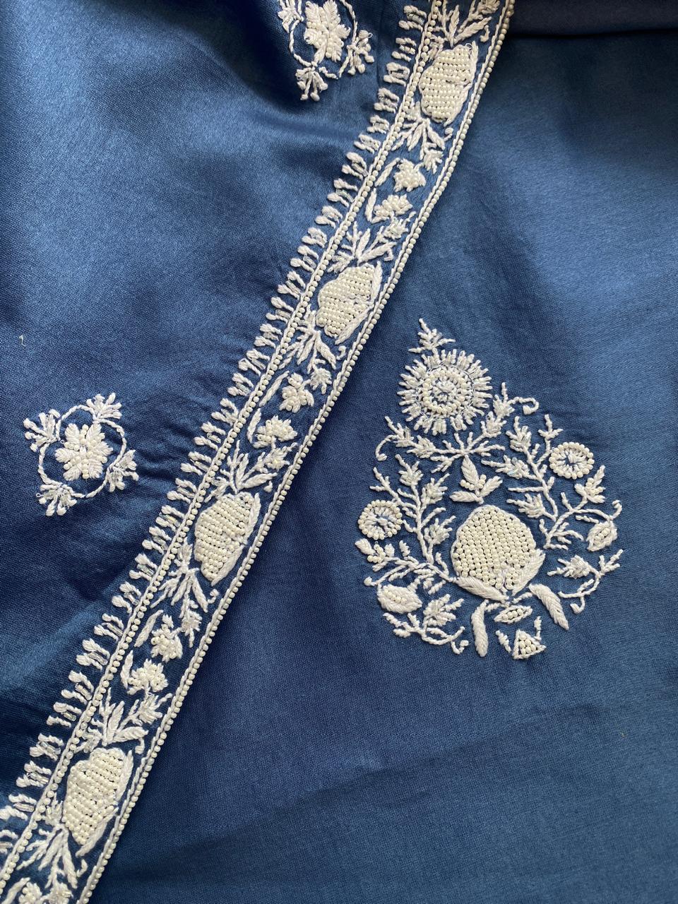 Cobalt Blue Mul Chanderi Chikankari Mens Kurta