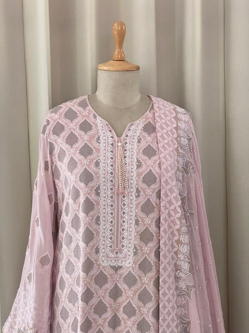 Pink Georgette Kasab Jaal & Zardozi Deer Kurta Set