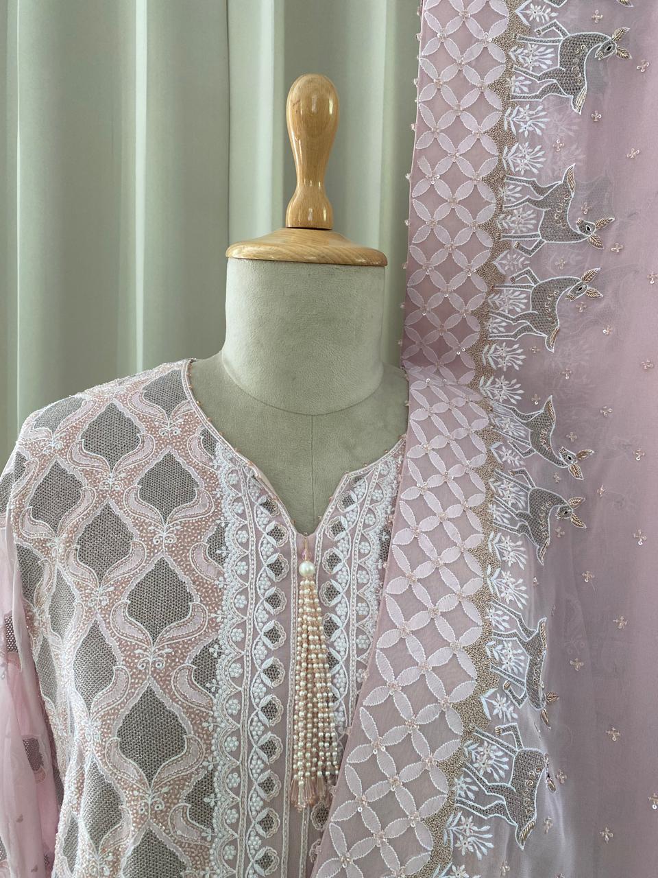 Pink Georgette Kasab Jaal & Zardozi Deer Kurta Set