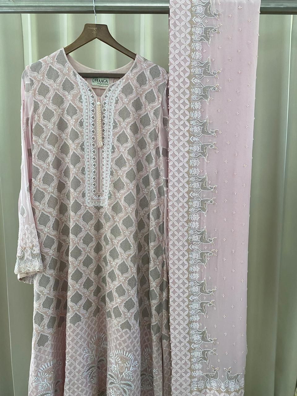 Pink Georgette Kasab Jaal & Zardozi Deer Kurta Set