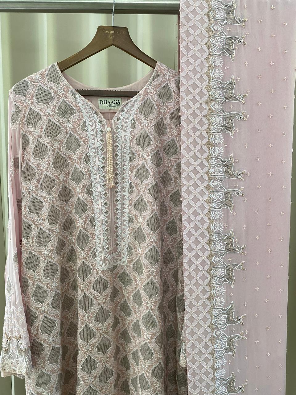 Pink Georgette Kasab Jaal & Zardozi Deer Kurta Set