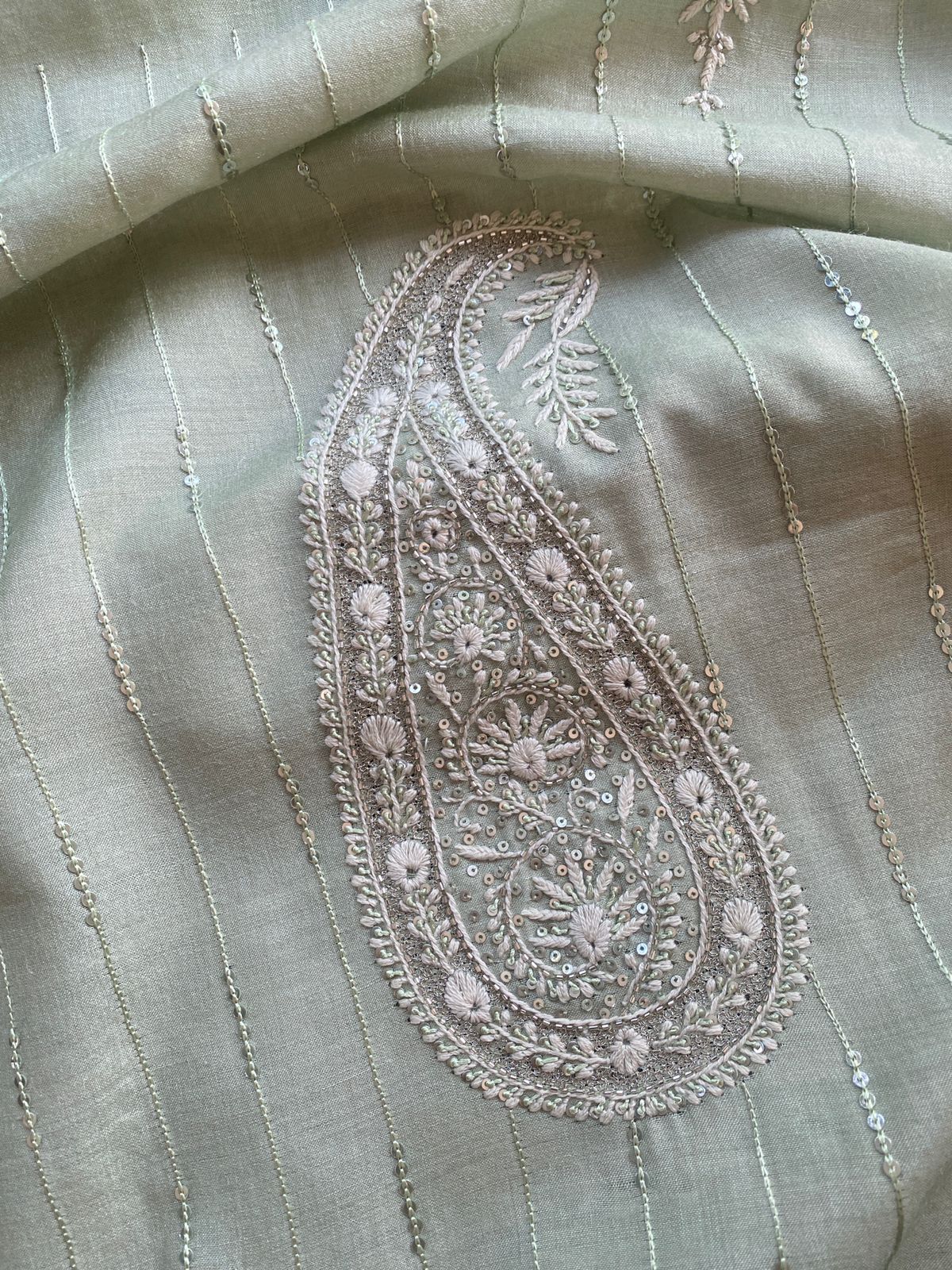 Green Moonga Silk Chikankari Mens Kurta