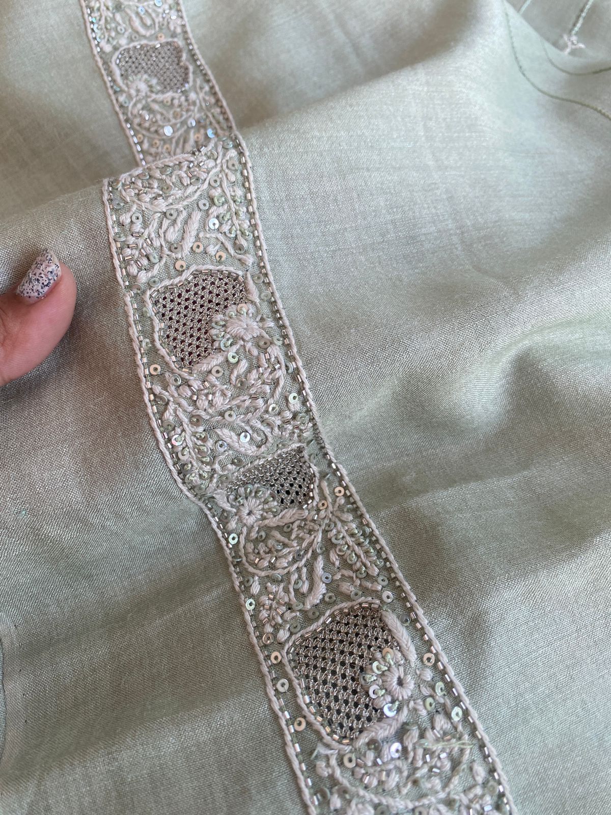 Green Moonga Silk Chikankari Mens Kurta