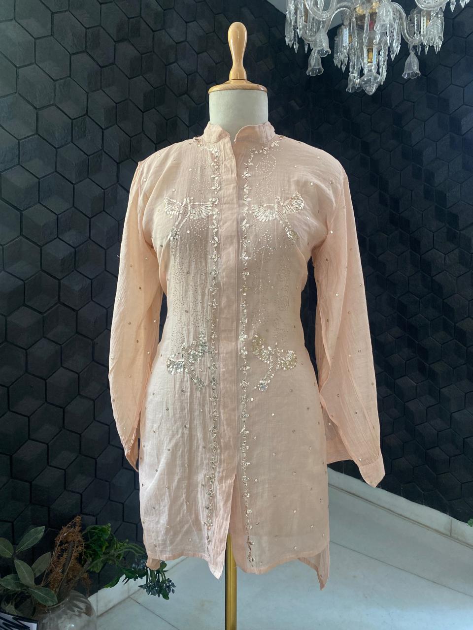 Peach Golden Tissue Mukaish Bird Design Coord set