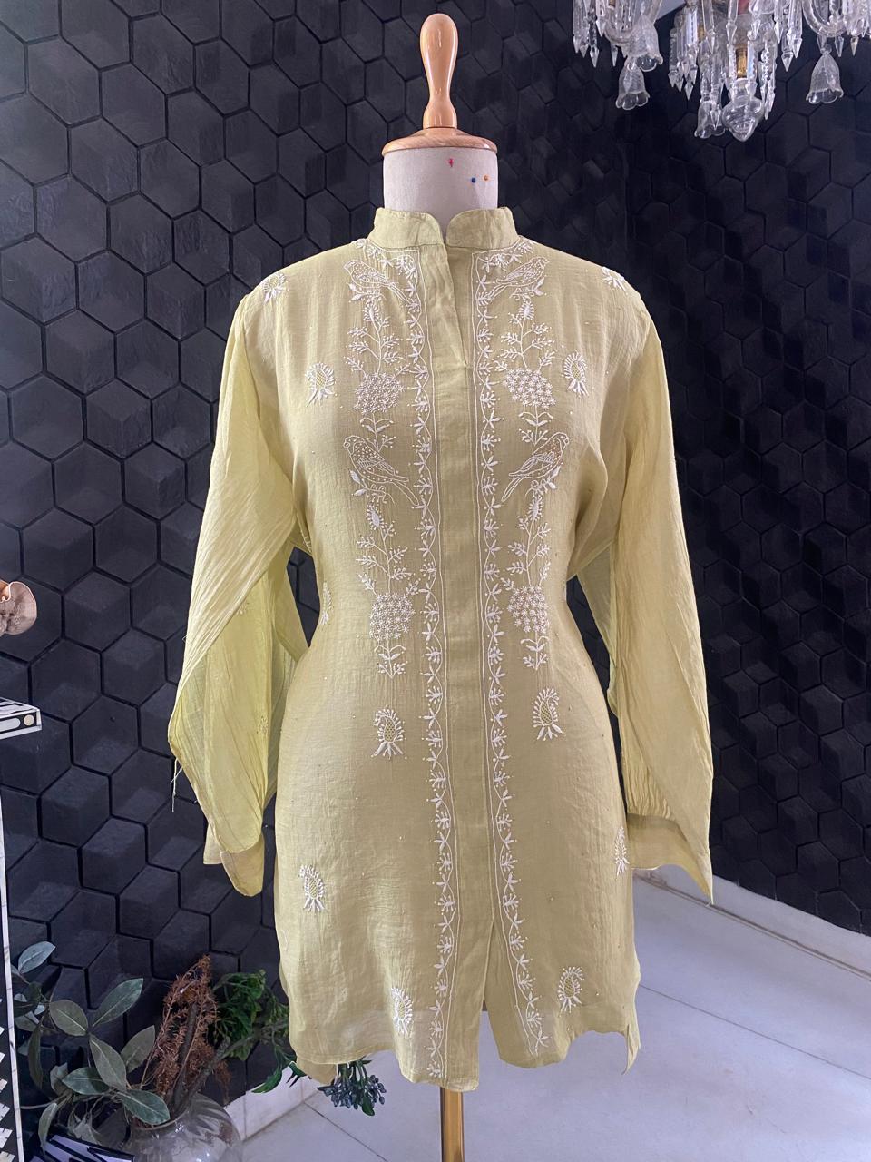 Lime Green Golden Tissue Chikankari Coord Set with Mukaish
