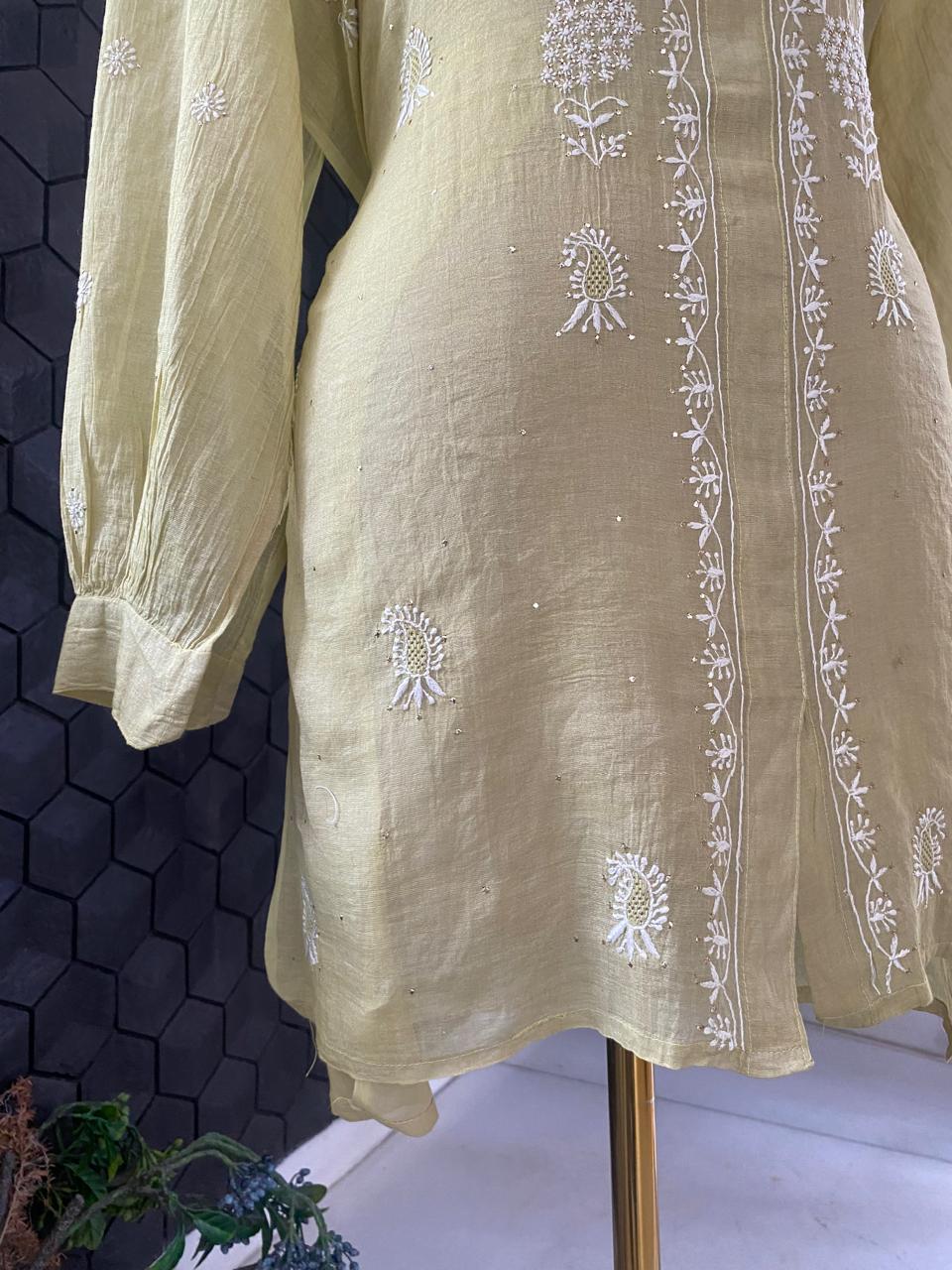 Lime Green Golden Tissue Chikankari Coord Set with Mukaish