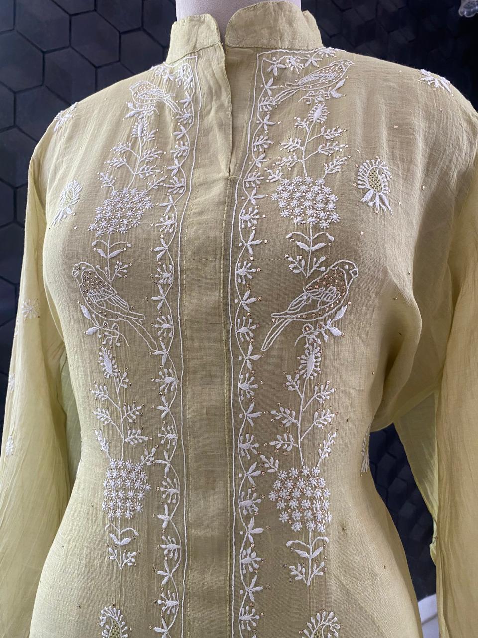 Lime Green Golden Tissue Chikankari Coord Set with Mukaish