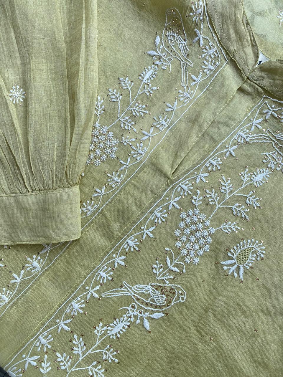 Lime Green Golden Tissue Chikankari Coord Set with Mukaish