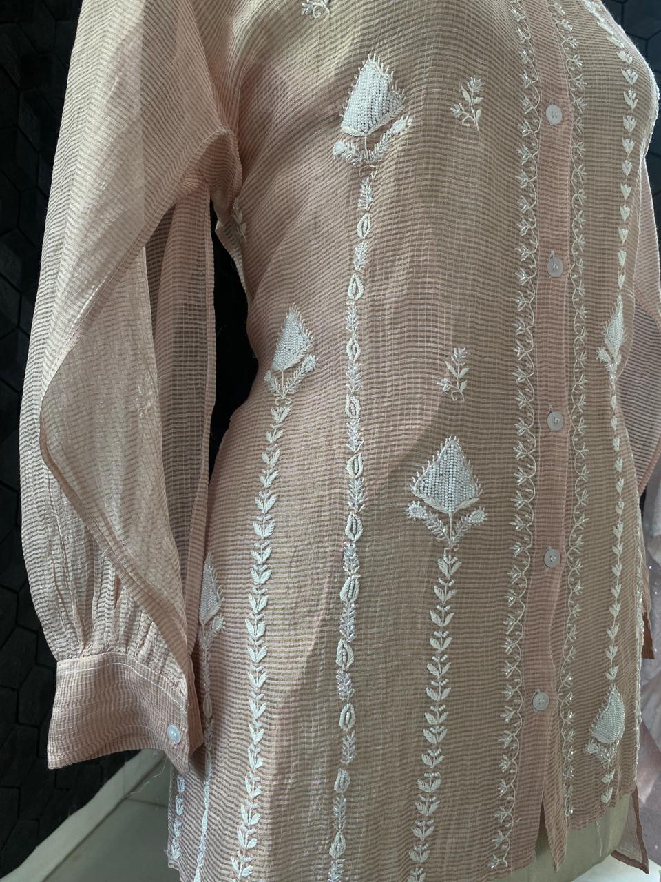 Peach Stripe Tissue Chikankari Co-ord Sets