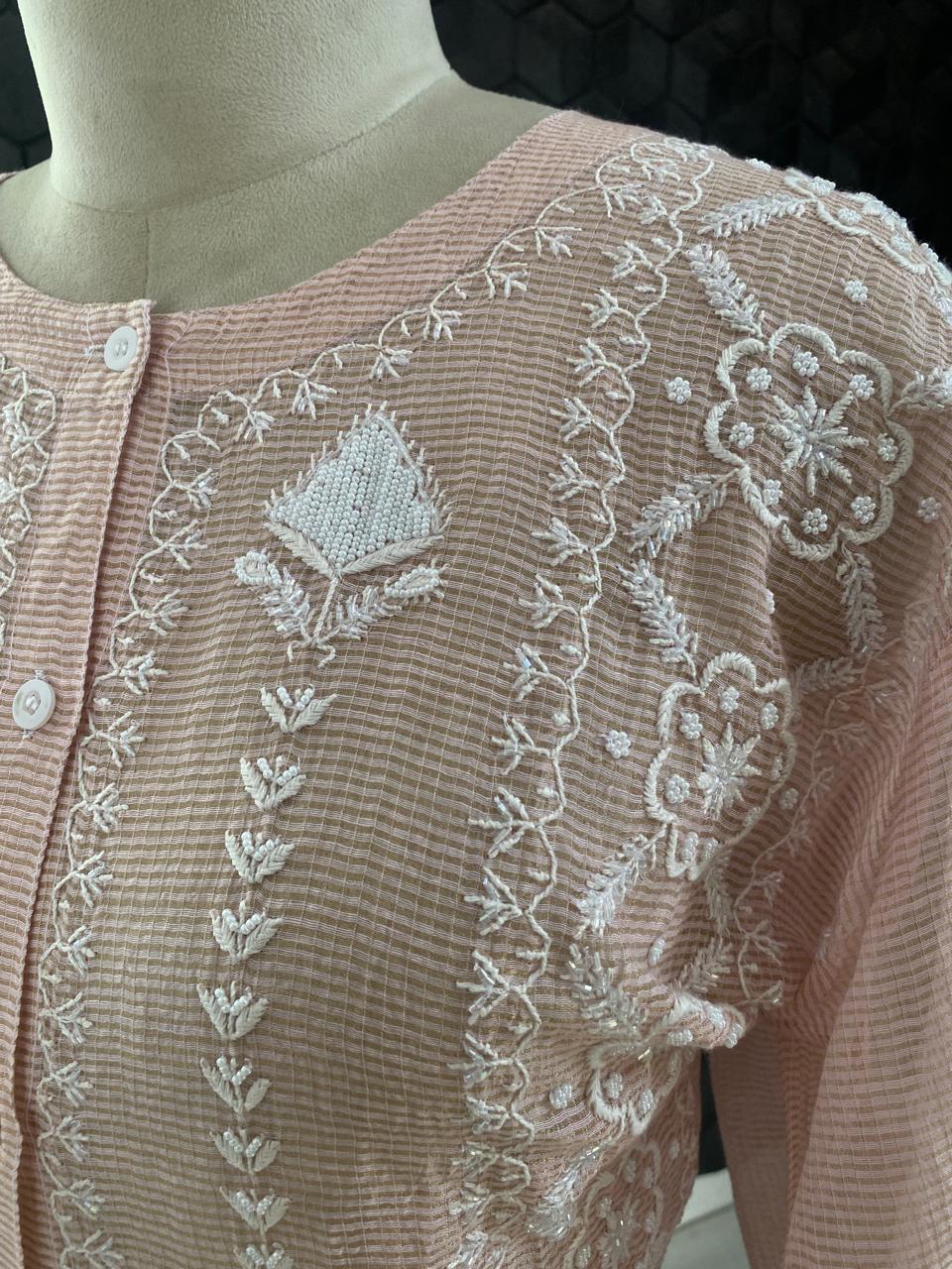 Peach Stripe Tissue Chikankari Co-ord Sets
