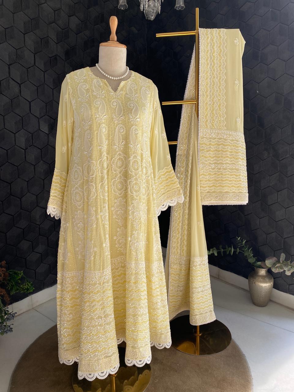 Yellow Georgette Chikankari Anarkali Set with Aari Embroidery