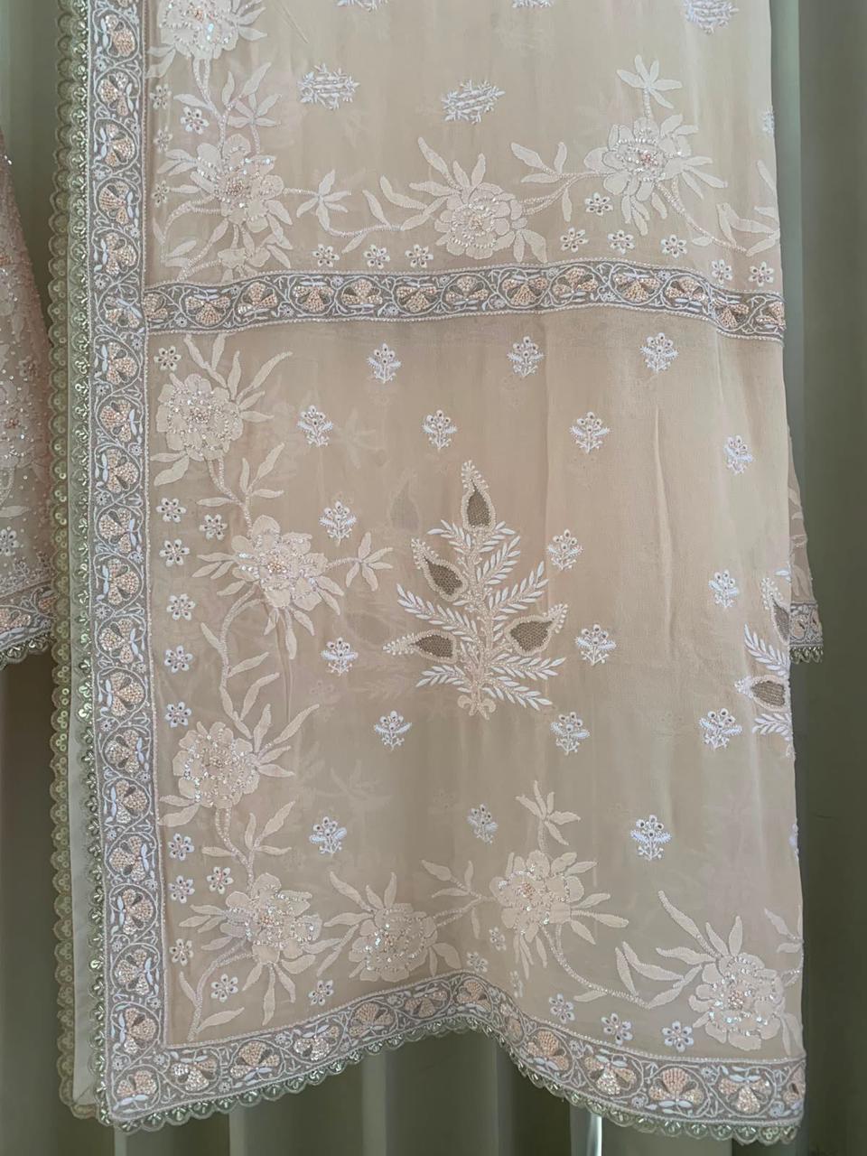 Peach Rose Georgette Chikankari Heavy Dupatta Set