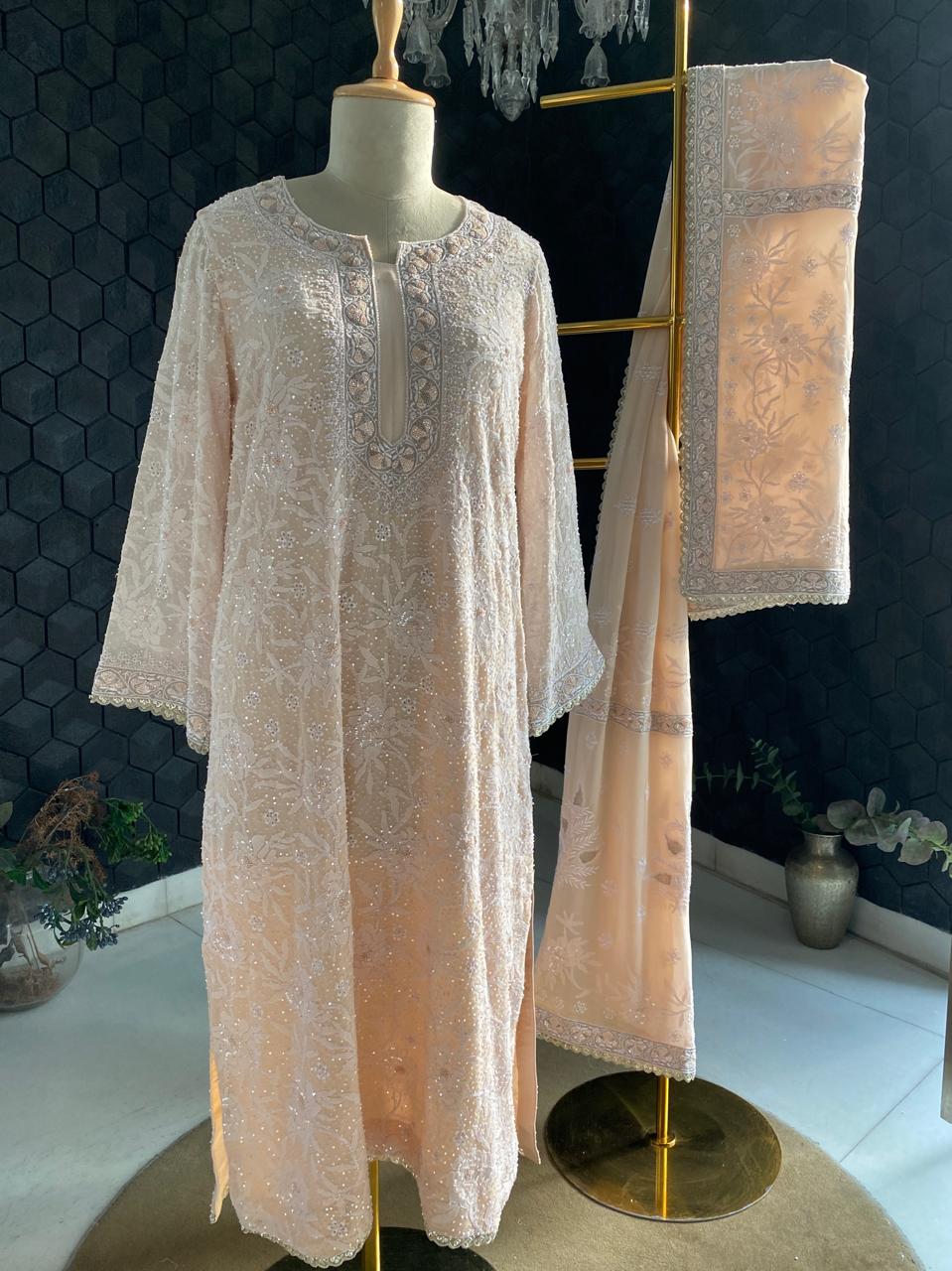 Peach Rose Georgette Chikankari Heavy Dupatta Set