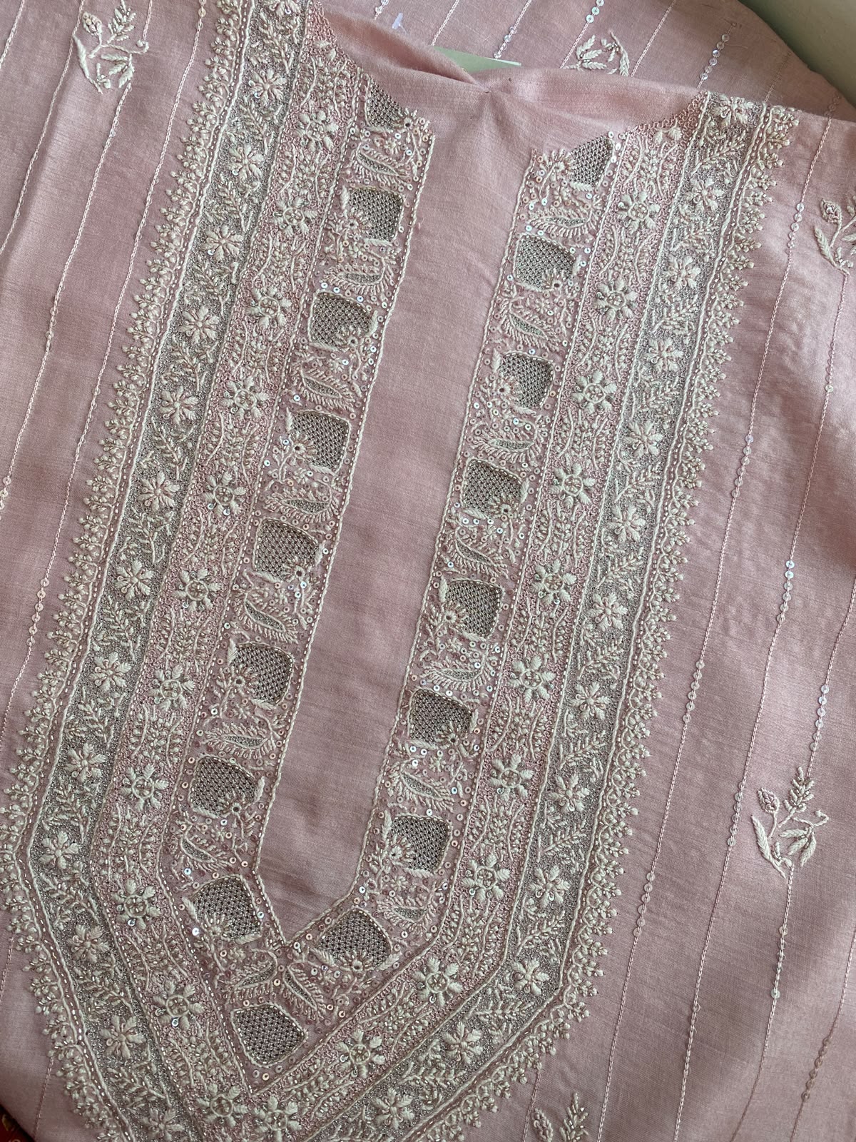 Pink Moonga Silk chikankari Mens Kurta