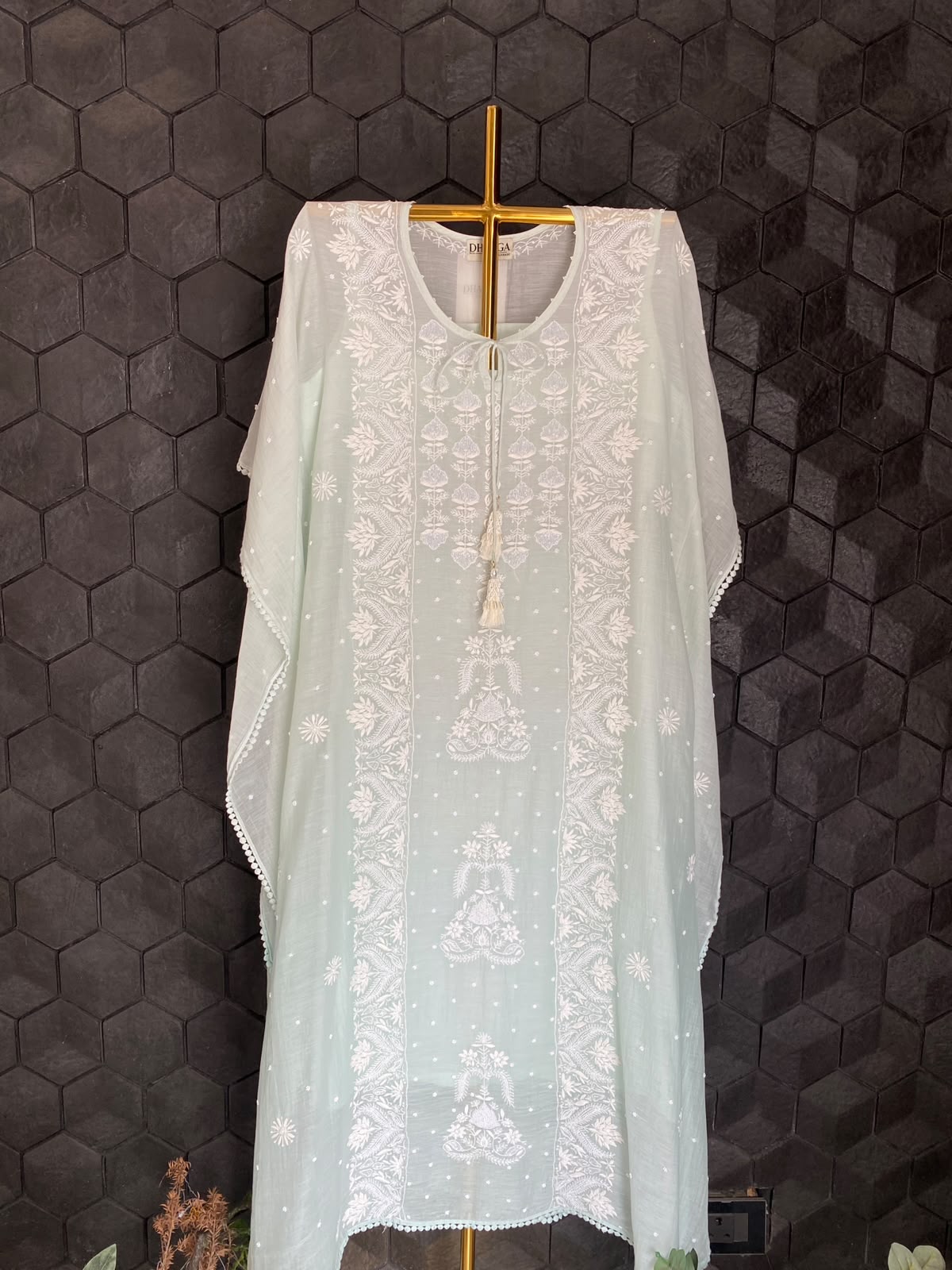 Sea Green Mul Chanderi Chikankari Kaftan