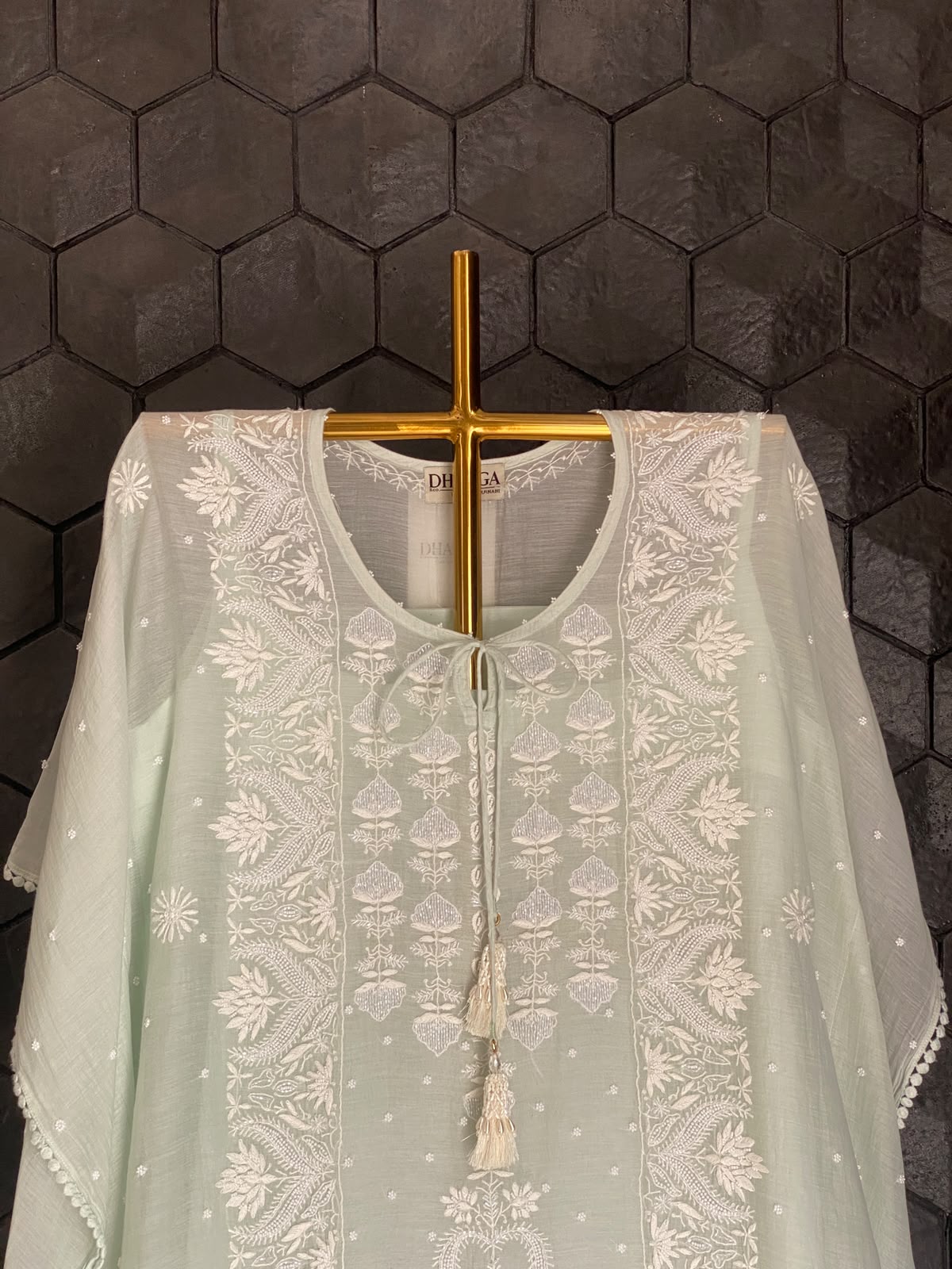 Sea Green Mul Chanderi Chikankari Kaftan