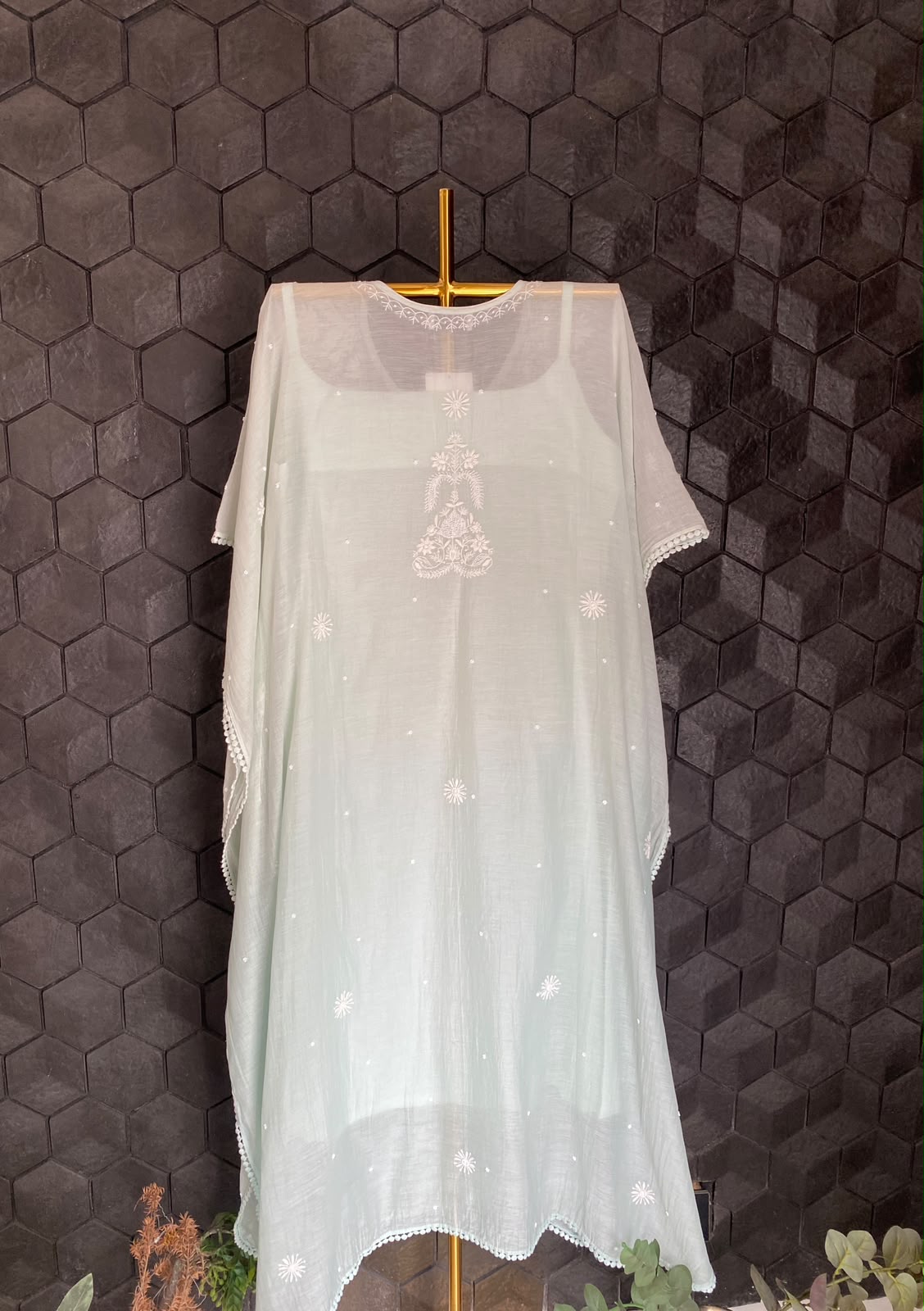 Sea Green Mul Chanderi Chikankari Kaftan