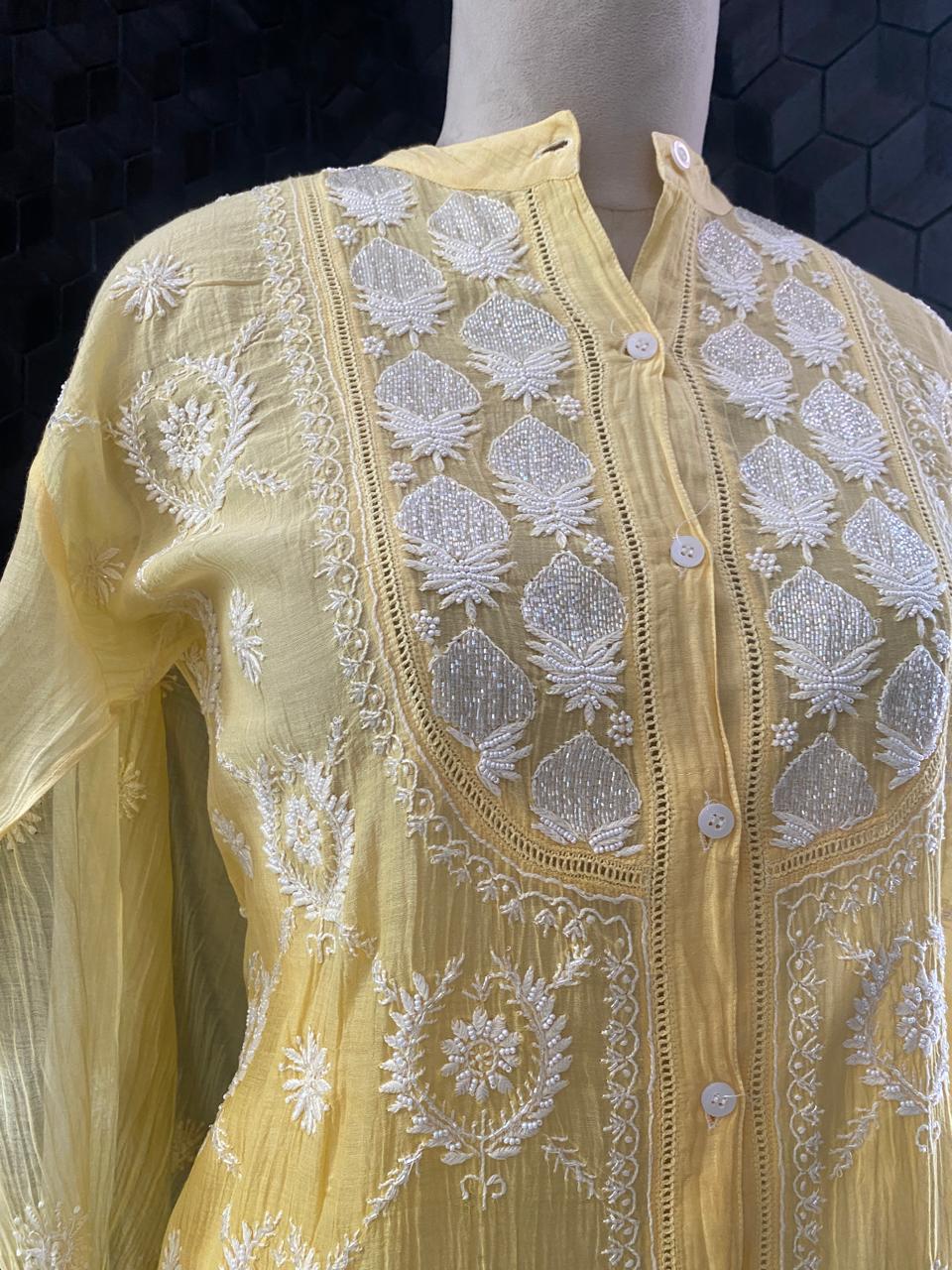 Yellow Mul Chanderi Chikankari Co-ord set