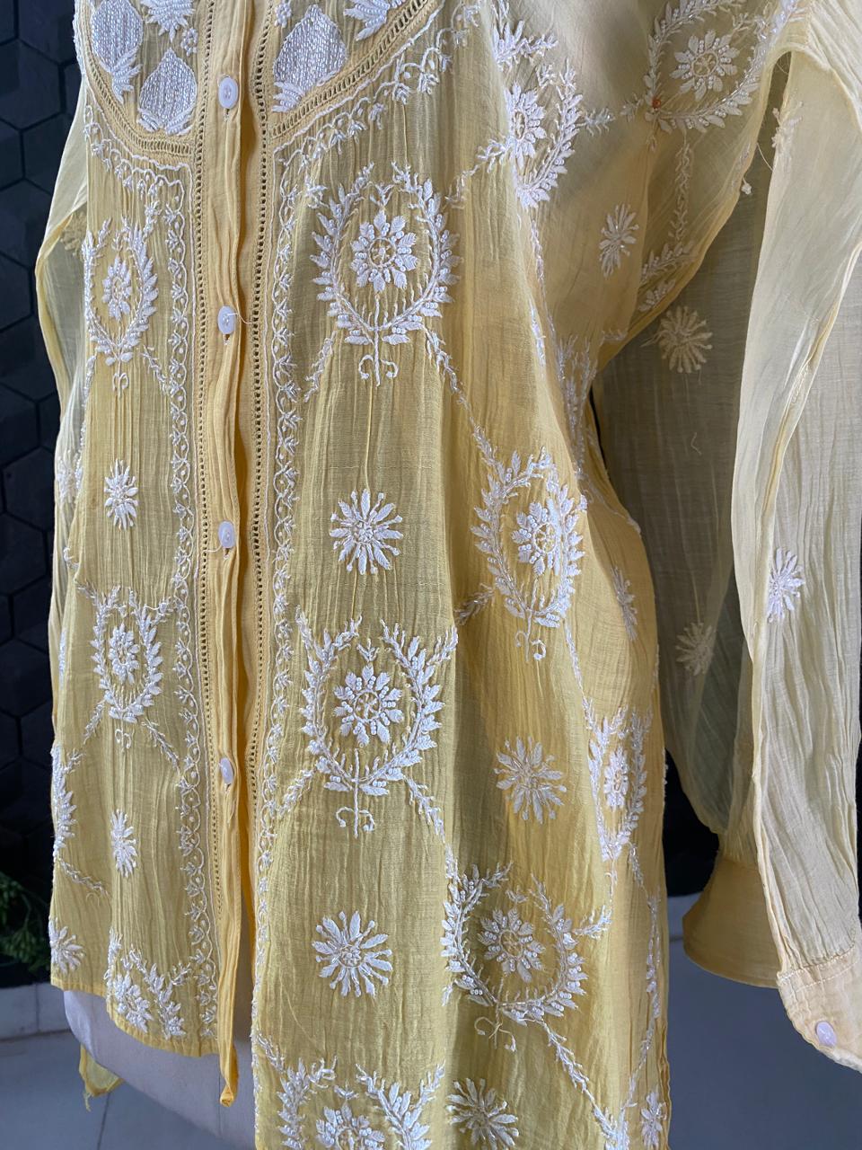 Yellow Mul Chanderi Chikankari Co-ord set