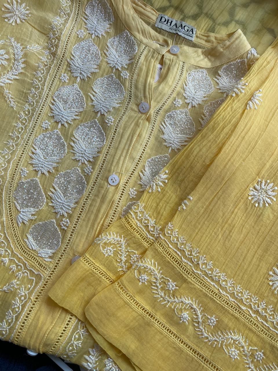 Yellow Mul Chanderi Chikankari Co-ord set