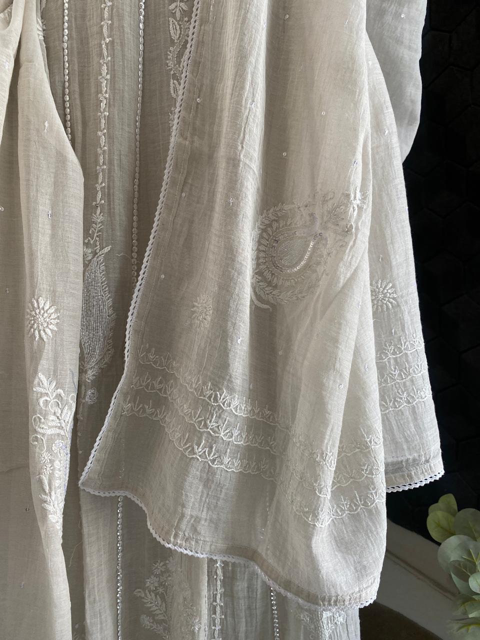 Silver Tissue Anarkali Set With Sequins