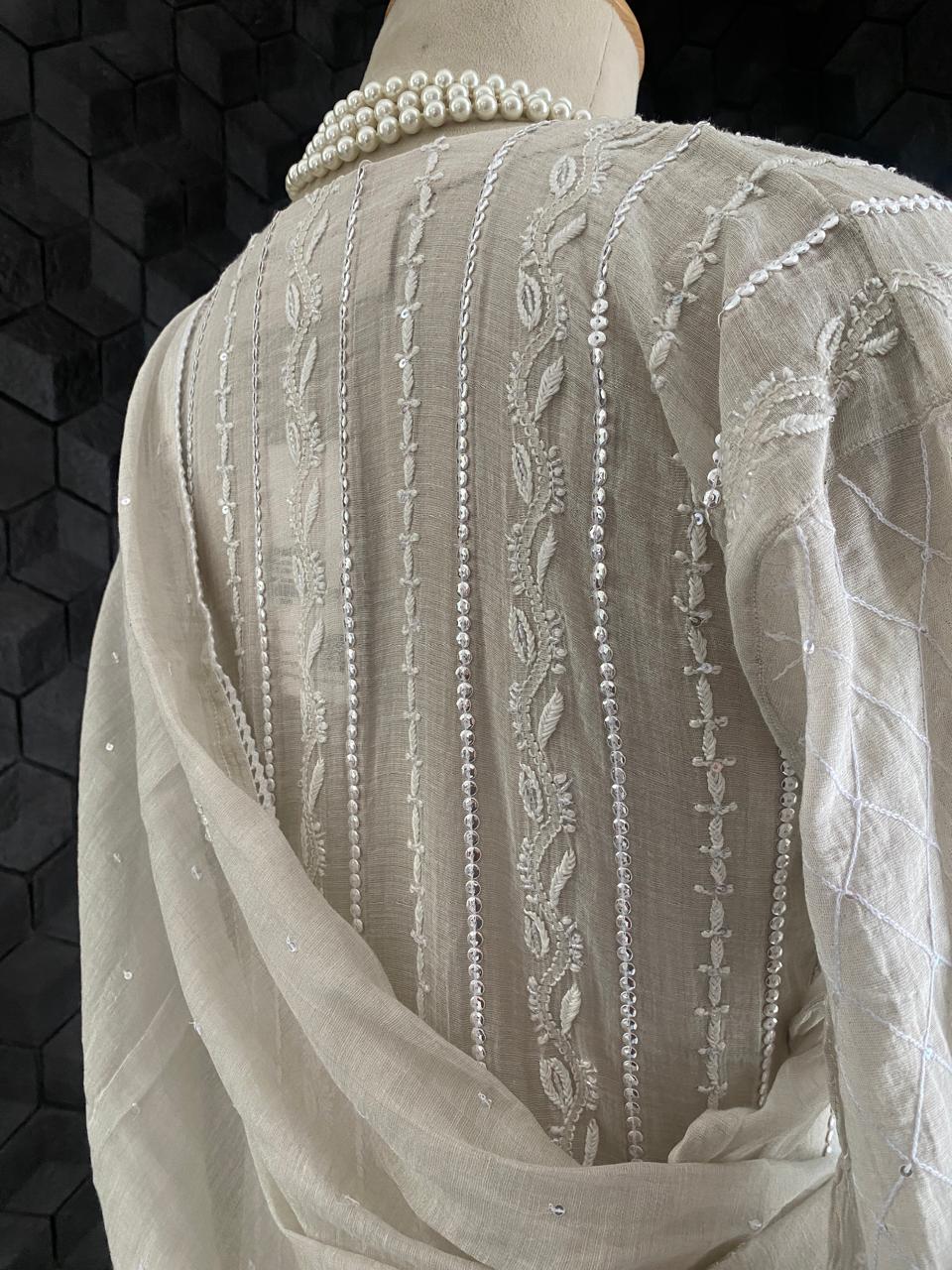 Silver Tissue Anarkali Set With Sequins