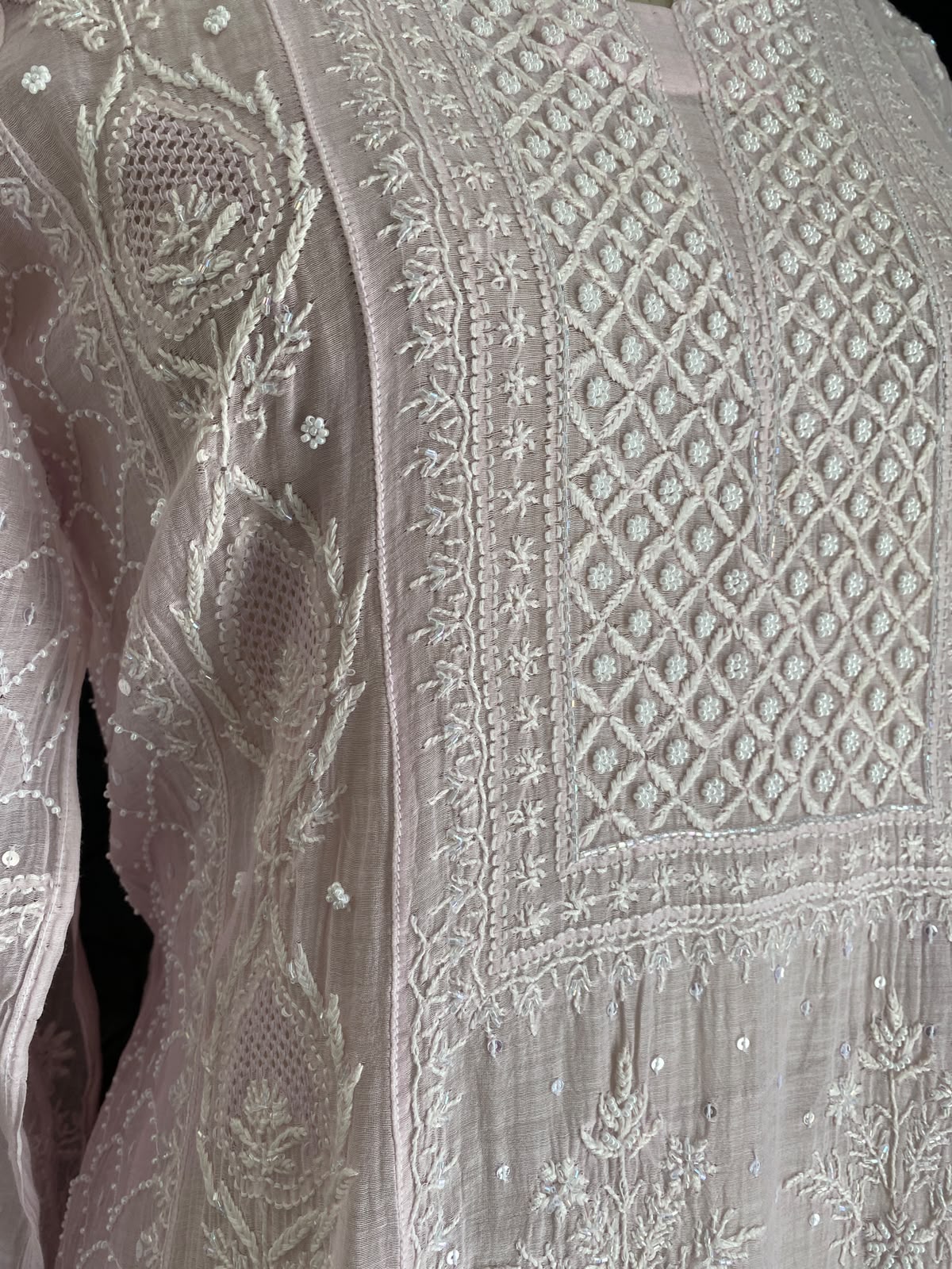 Pink Mul Chanderi Kurta Set with Beads and Sequins Work